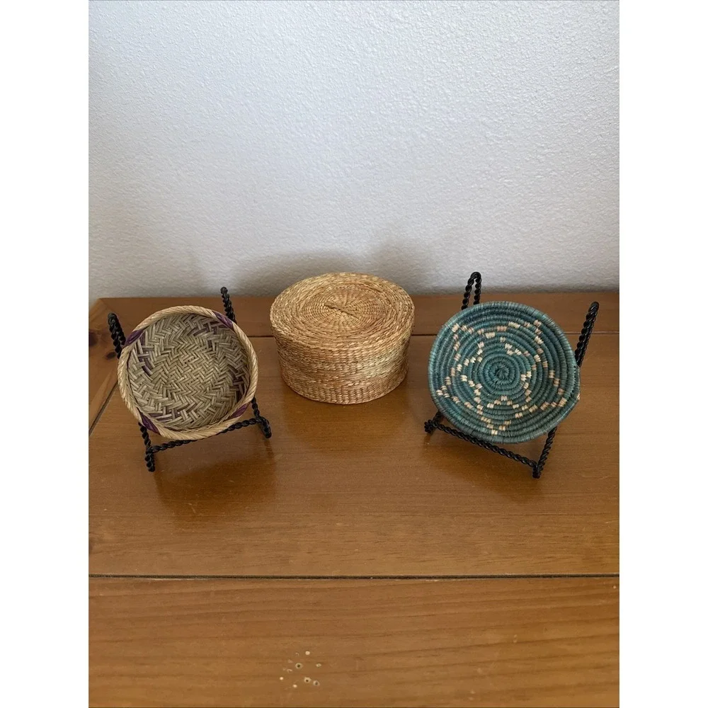 Lot Of Three Vintage Mini Baskets Pine needle, Round Lidded, SW Wedding Style NM